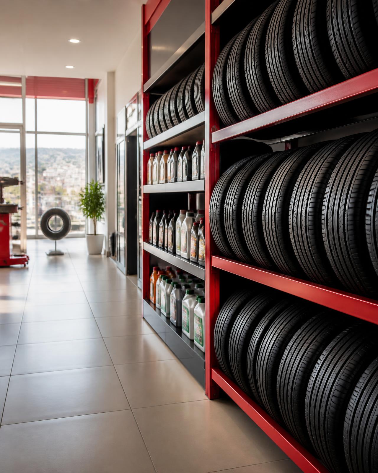 Estantería con llantas nuevas y lubricantes en un local de BEICRUZ